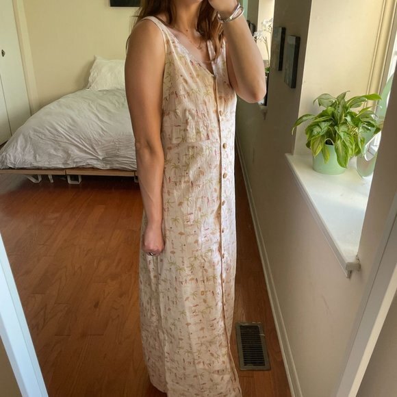 Vintage David Warren Floral V-Neck Button Front Maxi Dress Cream Size 8 - Picture 3 of 7